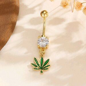 Gold Belly Piercing with Green Leaf Charm